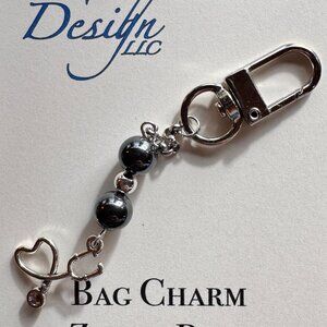 Silver Bag Charm with Hematite Beads | Zipper Pull Accessory